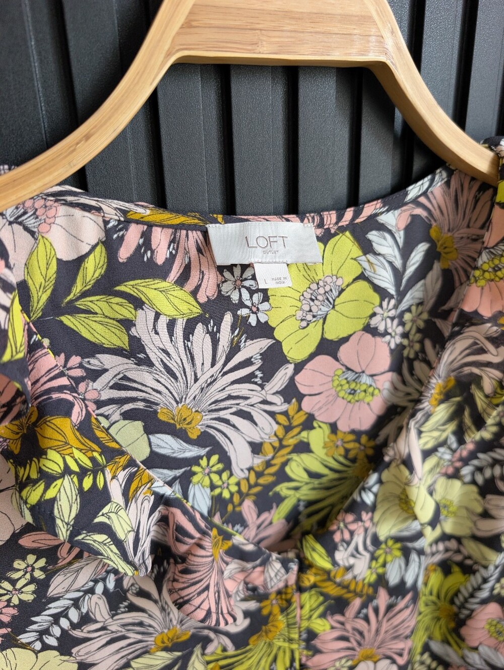 LOFT Floral Ruffle Sleeve Blouse in Black, Pink & Lime - Picture 2 of 12